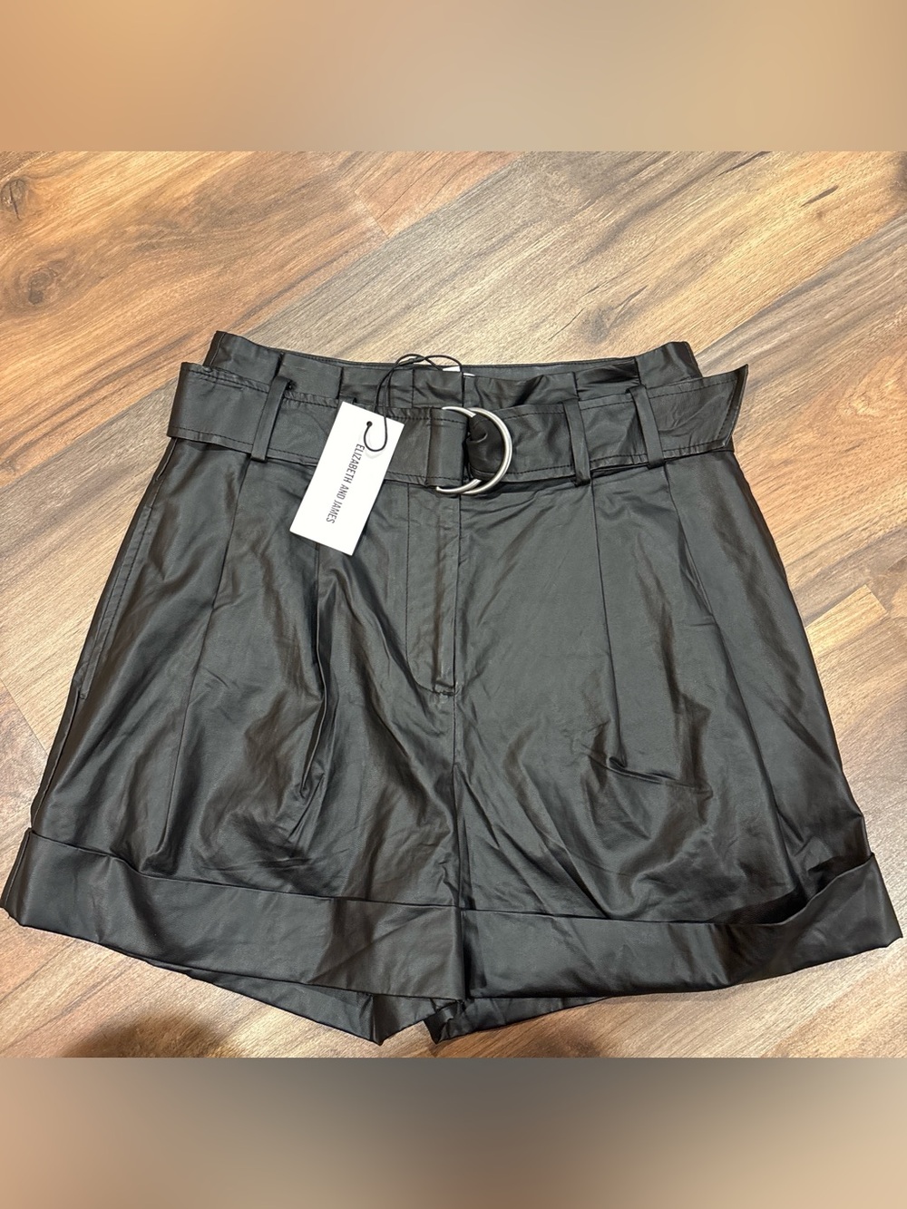 Elizabeth and James Black Faux-Leather High-Waist Belted Shorts